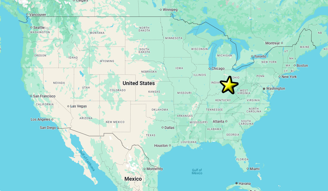 Map of the United States with a large yellow star over Cincinnati, OH.